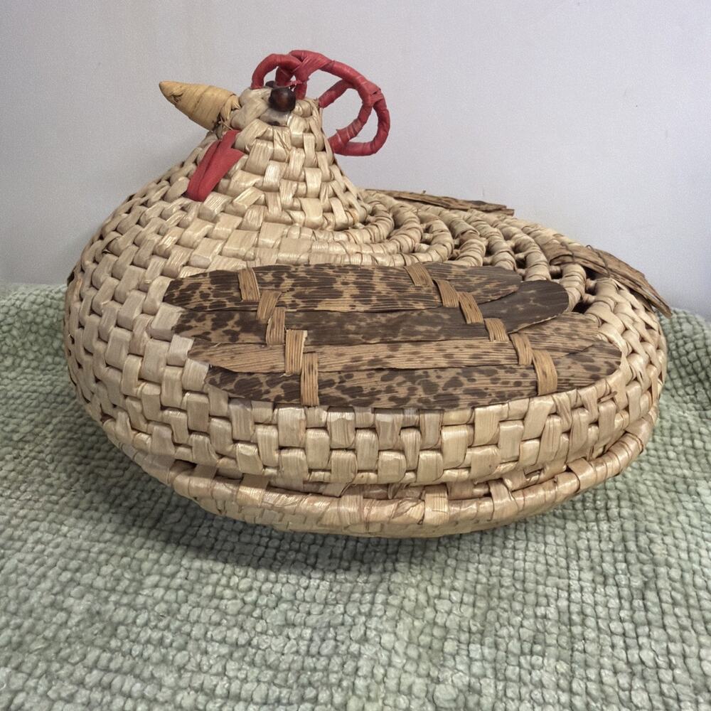 Vintage Rooster Chicken Handmade Sweet Grass Basket Hen On Nest 9 In Farmhouse